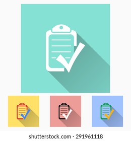 Checklist - icon is white with long shadow, flat design. Vector illustration.