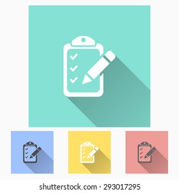 Checklist  - icon is white with long shadow, flat design. Vector illustration.
