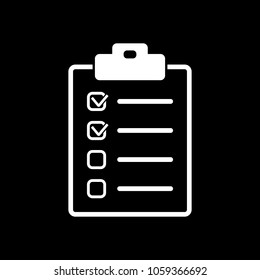Checklist icon. White icon on black background. Inversion