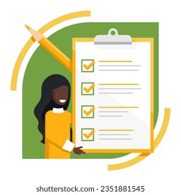 Checklist icon - woman character showing to big completed check list - test, questionnaire, planning and big pencil - isolated vector creative illustration. Vector illustration