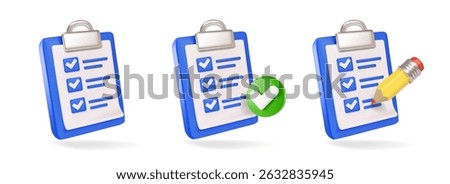 Checklist icons 3d set. Clipboard checklist or document collection. Checkmark, pencil, task management todo checklist. education or medical assignment exam Vector illustration