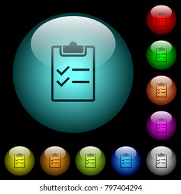 Checklist icons in color illuminated spherical glass buttons on black background. Can be used to black or dark templates