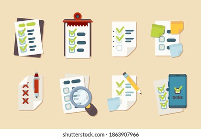 Iconos de la lista de verificación. Programación de Bloc de notas marca de cliente investigación portapapeles vectores de lista de comprobación de negocio colección