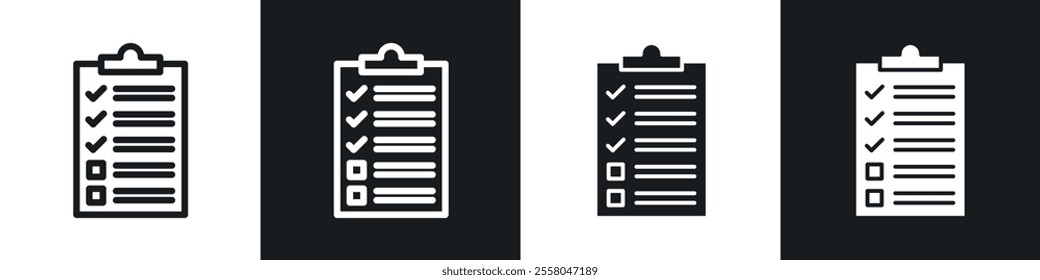 Checklist icons pack in black and white filled and outlined versions.