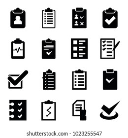 Checklist icons. set of 16 editable filled checklist icons such as pointing on document, clipboard, clipboard with tick, checklist, check list