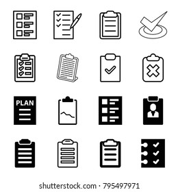 Checklist icons. set of 16 editable filled and outline checklist icons such as check list, clipboard, checklist, plan, clipboard with cross, clipboard with chart