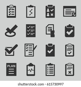 Checklist icons set. set of 16 checklist filled icons such as pointing on document, heartbeat clipboard, check list, clipboard, tick, plan