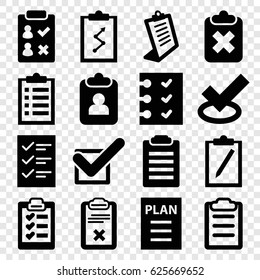Checklist icons set. set of 16 checklist filled icons such as clipboard, checklist, tick, plan, check list, clipboard with cross