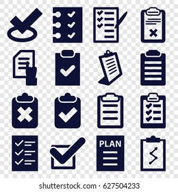 Checklist icons set. set of 16 checklist filled icons such as pointing on document, clipboard, check list, checklist, tick, plan