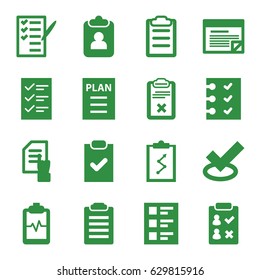 Checklist icons set. set of 16 checklist filled icons such as pointing on document, heartbeat clipboard, check list, clipboard, checklist, plan, tick