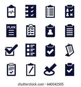 Checklist icons set. set of 16 checklist filled icons such as clipboard, heartbeat clipboard, checklist, tick, plan, check list