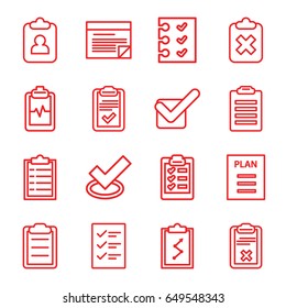 Checklist icons set. set of 16 checklist outline icons such as heartbeat clipboard, clipboard, checklist, tick, plan