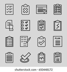 Checklist icons set. set of 16 checklist outline icons such as pointing on document, heartbeat clipboard, check list, clipboard, checklist, plan