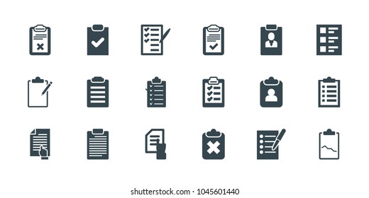Checklist icons. set of 18 editable filled checklist icons: pointing on document, check list, clipboard, clipboard with cross, checklist
