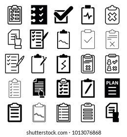 Checklist icons. set of 25 editable filled and outline checklist icons such as pointing on document, clipboard with chart, clipboard, check list, checklist, tick