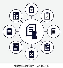 checklist icons set. Set of 9 checklist filled icons such as pointing on document, heartbeat clipboard, checklist, plan, check list, clipboard with cross
