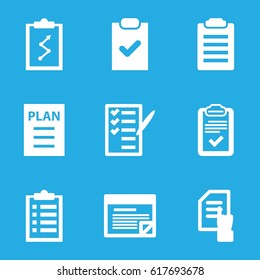 Checklist icons set. set of 9 checklist filled icons such as pointing on document, check list, clipboard, plan, checklist