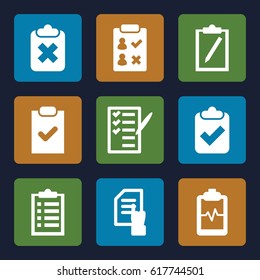 Checklist icons set. set of 9 checklist filled icons such as pointing on document, heartbeat clipboard, check list, checklist