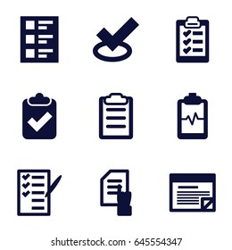 Checklist icons set. set of 9 checklist filled icons such as pointing on document, heartbeat clipboard, check list, clipboard, checklist, plan, tick