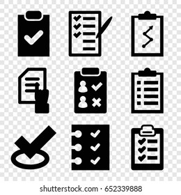Checklist icons set. set of 9 checklist filled icons such as pointing on document, check list, checklist, clipboard, tick