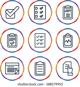 checklist icons set. Set of 9 checklist outline icons such as pointing on document, heartbeat clipboard, clipboard, checklist, tick