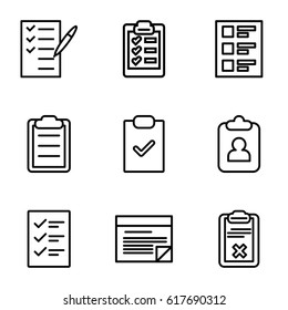 Checklist icons set. set of 9 checklist outline icons such as check list, clipboard, checklist
