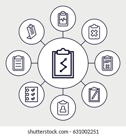 Checklist icons set. set of 9 checklist outline icons such as clipboard, heartbeat clipboard