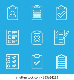 Checklist icons set. set of 9 checklist outline icons such as check list, checklist, clipboard, clipboard with tick