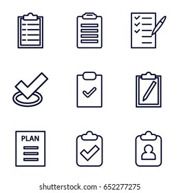 Checklist icons set. set of 9 checklist outline icons such as check list, plan, tick, clipboard, clipboard with tick