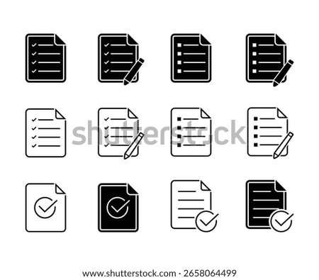Checklist Icons Set: Black Line Art and Filled Styles,  Completed and In-Progress Options Vector