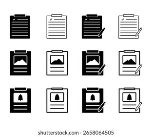 Conjunto de iconos de lista de verificación: arte de línea en blanco y negro y estilos sólidos, gráficos de Vector editables.