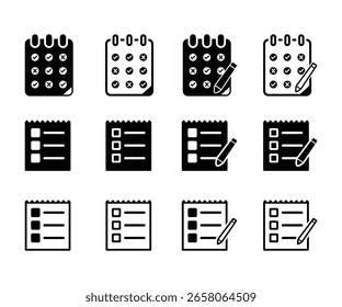 Conjunto de iconos de lista de comprobación: blanco y negro, simple, organizado, gestión de tareas, planificación, lista de tareas pendientes, Vector empresarial