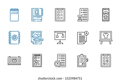 checklist icons set. Collection of checklist with tasks, clipboard, planning, cargo, board, exam, agenda, check in, task, notepad. Editable and scalable checklist icons.