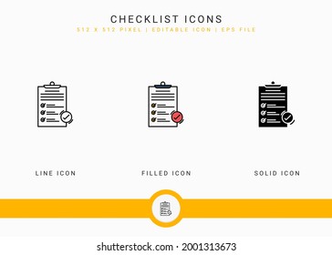 Checklist icons set vector illustration with solid icon line style. Customer satisfaction check concept. Editable stroke icon on isolated background for web design, infographic and UI mobile app.