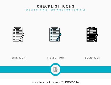Checklist icons set vector illustration with solid icon line style. Customer satisfaction check concept. Editable stroke icon on isolated background for web design, infographic and UI mobile app.