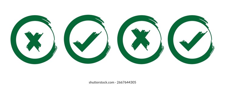 ícones de lista de verificação, caixas de seleção de esboço, símbolos de marca e cruz. Elemento de marca de verificação de giz de cera. Sinais de pincel