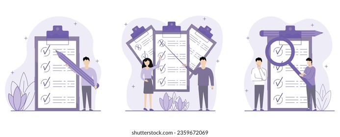  Checklist illustration set. The characters stand next to a checklist that helps them correctly perform any task or action with maximum efficiency. Сhecklist  concept. Vector illustration.