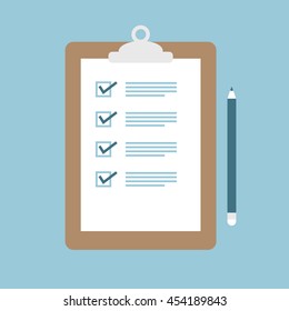 Checklist illustration, vector clipboard with pencil. Survey with checkboxes.