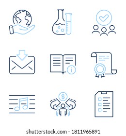 Checklist, Incoming mail and Sharing economy line icons set. Diploma certificate, save planet, group of people. Musical note, Chemistry lab and Technical info signs. Vector