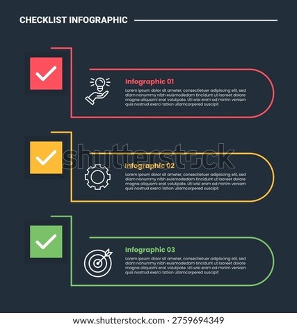 Checklist infographic process diagram with open round rectangle with square check box with dark background bright outline style 3 points vector