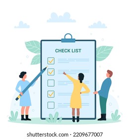 Checklist, inspection, survey and filling out document vector illustration. Cartoon tiny people putting check marks on paper sheet of notepad, character writing with pencil on clipboard with list