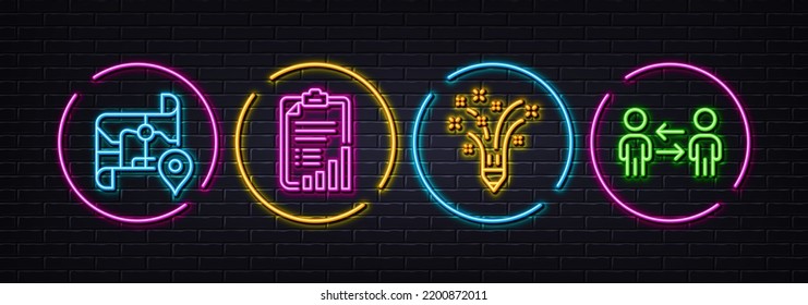 Checklist, Inspiration and Map minimal line icons. Neon laser 3d lights. Teamwork business icons. For web, application, printing. Graph report, Creativity pencil, Journey road. Collaboration. Vector