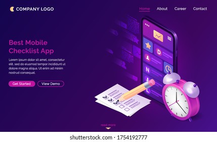 Checklist isometric landing page, pen put mark on check list document at smartphone with message mobile app on screen and alarm clock. Online survey, quiz, customer questionnaire, 3d vector web banner
