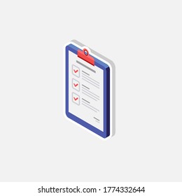 Lista de comprobación Vista isométrica izquierda - Iométrica vectorial de icono de trazo blanco + sombra. Ilustración vectorial de estilo plano.