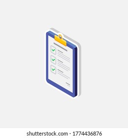 Lista de comprobación Vista isométrica izquierda - Iométrica vectorial de icono de trazo blanco + sombra. Ilustración vectorial de estilo plano.