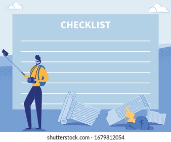 Checklist, Journey Planner, Reminder. Traveller Wishlist Form. Traveler, Tourist Cartoon Character Taking Selfie. Outdoor Recreation, Adventures in Nature, Camping. Flat Vector Illustration.