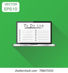 Checklist with laptop computer icon. Business concept task laptop pictogram. Vector illustration on green background with long shadow.