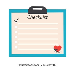 Checklist, letterhead. Vector illustration of a checklist, with a blue border and a heart on a page with an empty space for entries.