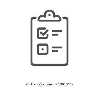 Icono de línea de lista de verificación. Firma del documento del portapapeles. Símbolo de encuesta de preguntas. Elemento de diseño de calidad. Icono de lista de verificación de estilo lineal. Trazo editable. Vector