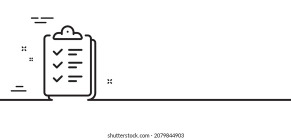 Symbol der Checkliste Dokumentzeichen in der Zwischenablage. Befragung des Umfragebildes. Minimaler Hintergrund der Illustration. Markierungslinien-Symbol-Musterbanner. White Web Template Konzept. Vektorgrafik